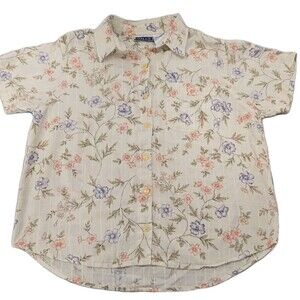 90s Vintage Erika & Co Linen Cotton Blend Cream Button-Up Embroidered Top Size L